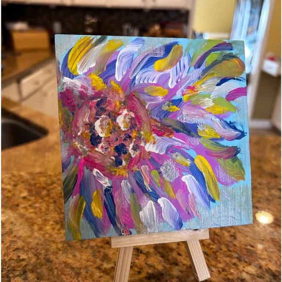 Original HandPainted Flower Stained Art on 5x5 Wooden Block Pink Gold Blue - Picture 3 of 3